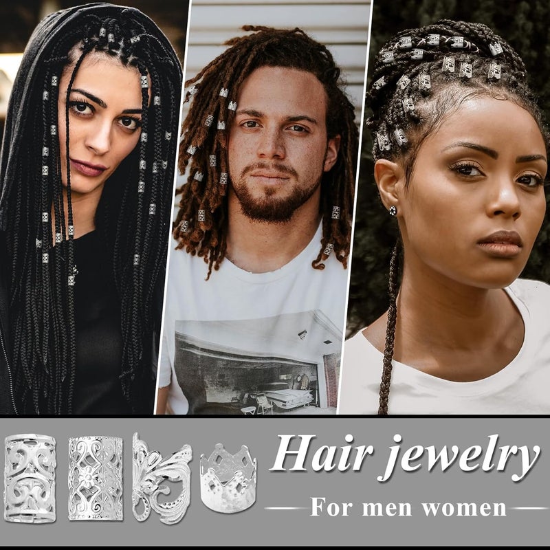 Fscwlmon 260 Pcs Hair Jewelry for Braids,Hair Beads Accessories for Dreadlock,Metal Hair Clips Cuffs Rings,Loc Rave Hair Charm Decorations Adjustable Kits for Men Women Silvery - Image 5